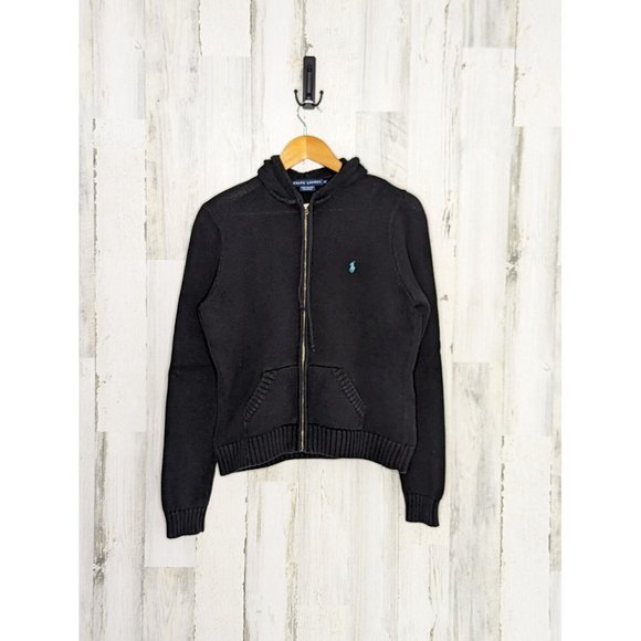Polo Ralph Lauren Vintage Y2K Black Cropped Knit Zip Up Hoodie / Size Med (YXL)